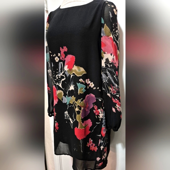 CHIC FLORAL SHEER LONG SLEEVE FULLY LINED DRESS - BLACK AND PINK - Picture 2 of 4